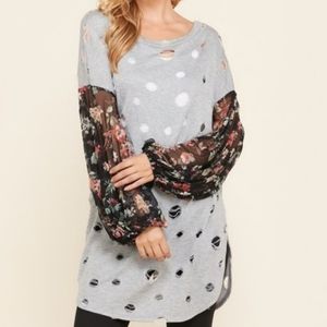 Distressed Cutout Jersey Top With Puff Sleeves, M